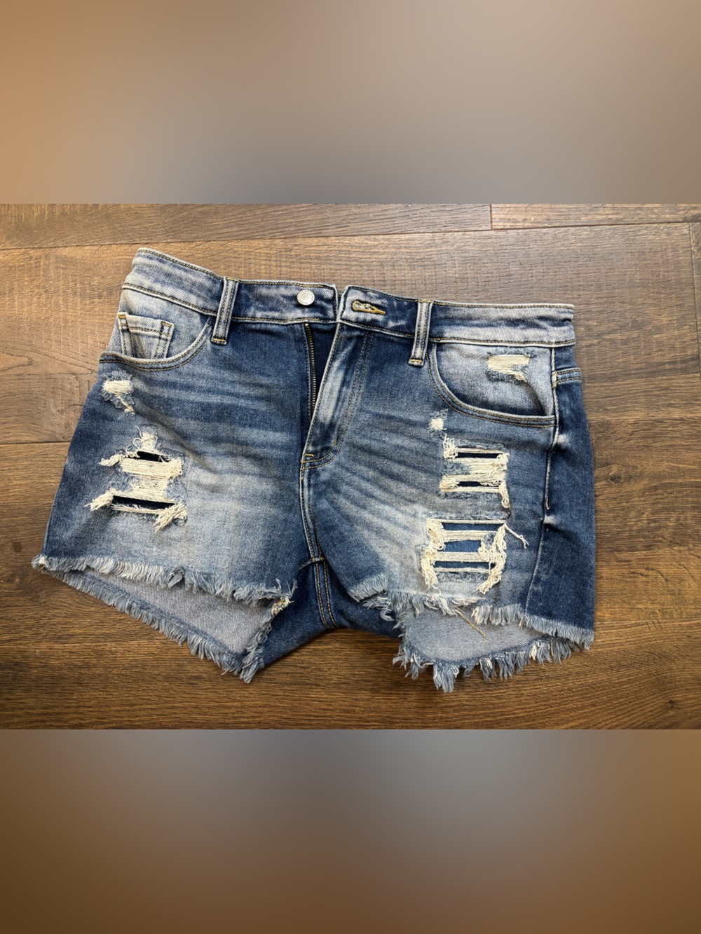 KanCan Ripped Frayed Hem Denim Shorts - Dark Blue